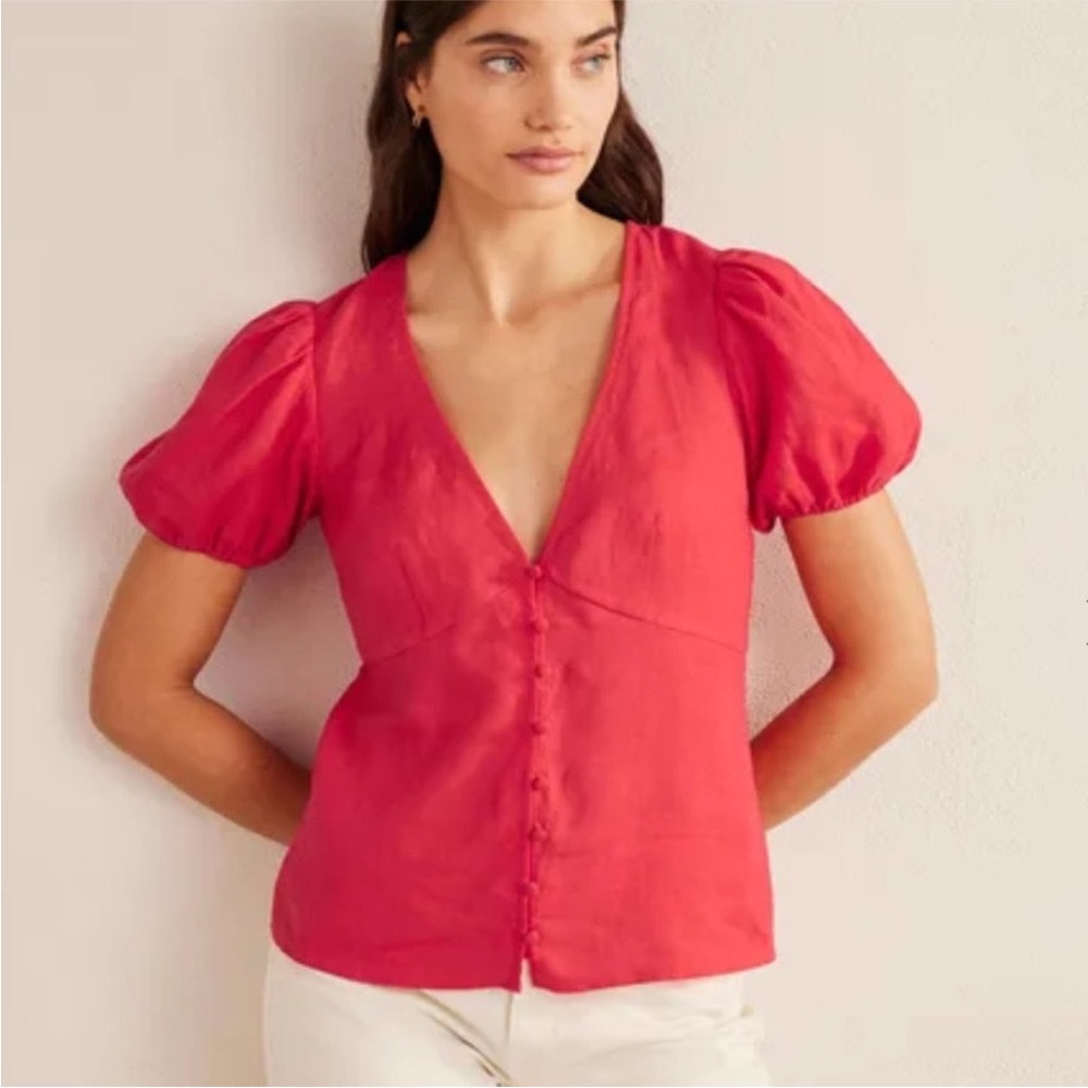 Boden Linen Coral-Red Puff-Sleeve V-Neck Button-Front Top - Picture 4 of 10